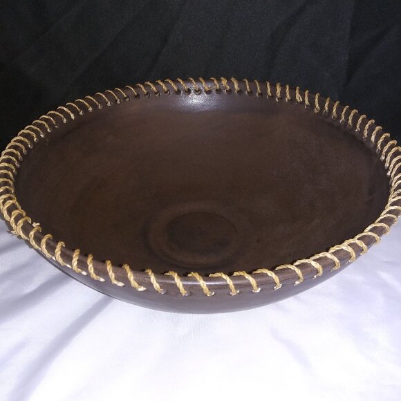 Handcrafted Large Brown Bowl Rope Stitched Edge Home Decor Pottery Bowl - Picture 2 of 10
